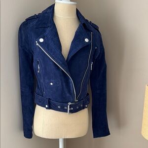 AKIRA Blue Leather Biker Jacket with Asymmetrical Zipper